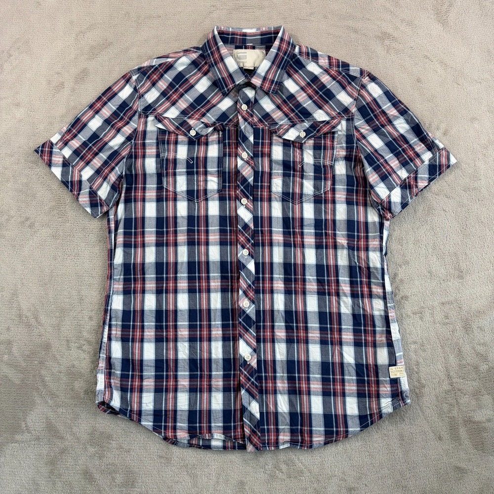 G-Star RAW‎ Arc 3D Pocket Shirt Men Large Navy Multi Plaid Short Sleeve NWOT
